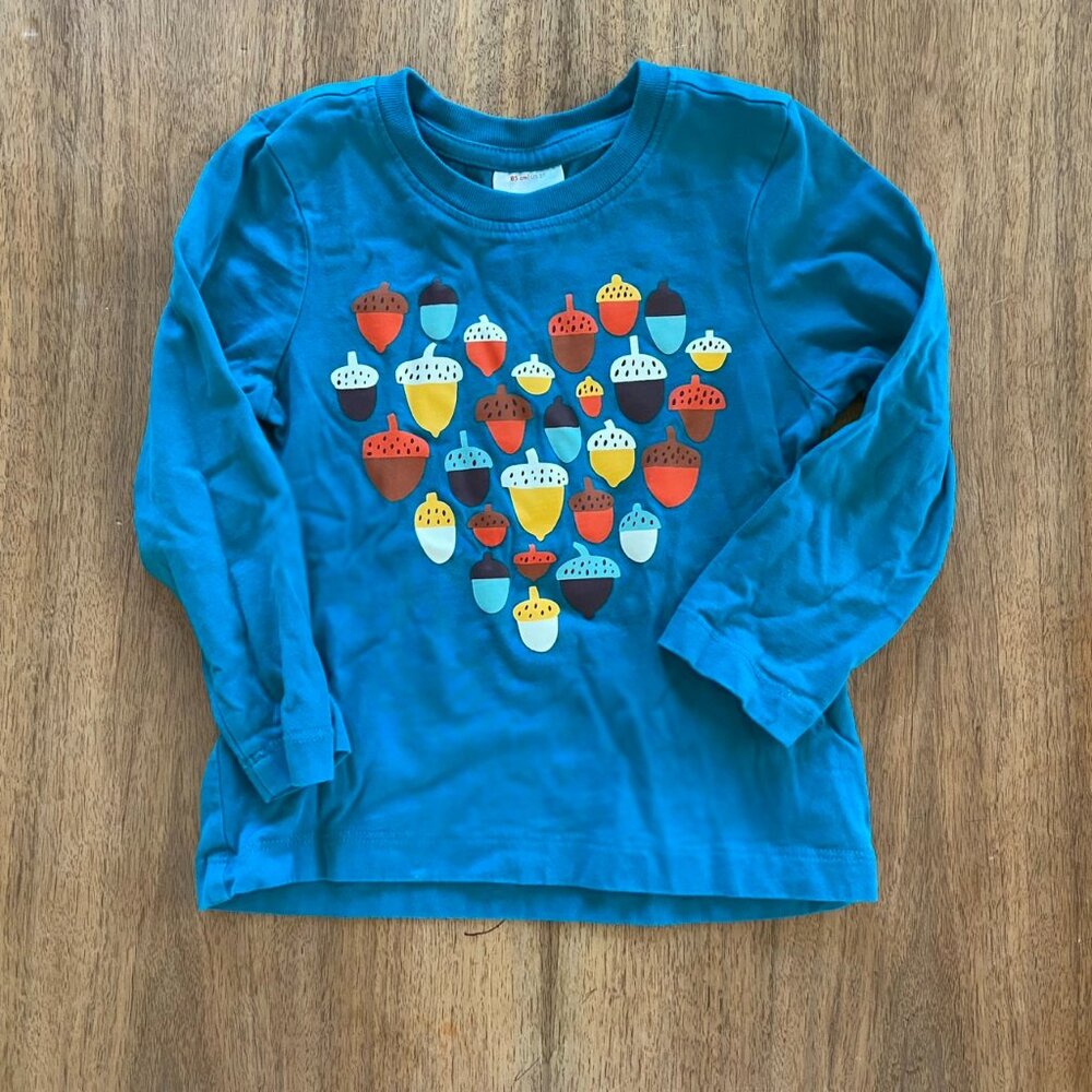Adorable Hanna Andersson acorn heart t-shirt, long sleeves, size 2T, teal